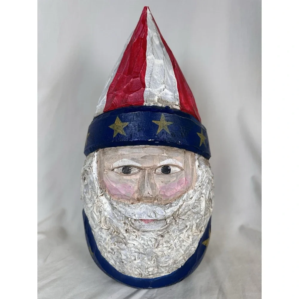 Hand Carved Patriotic Santa Figure Red White Blue Americana Folk Art Decoration‎
